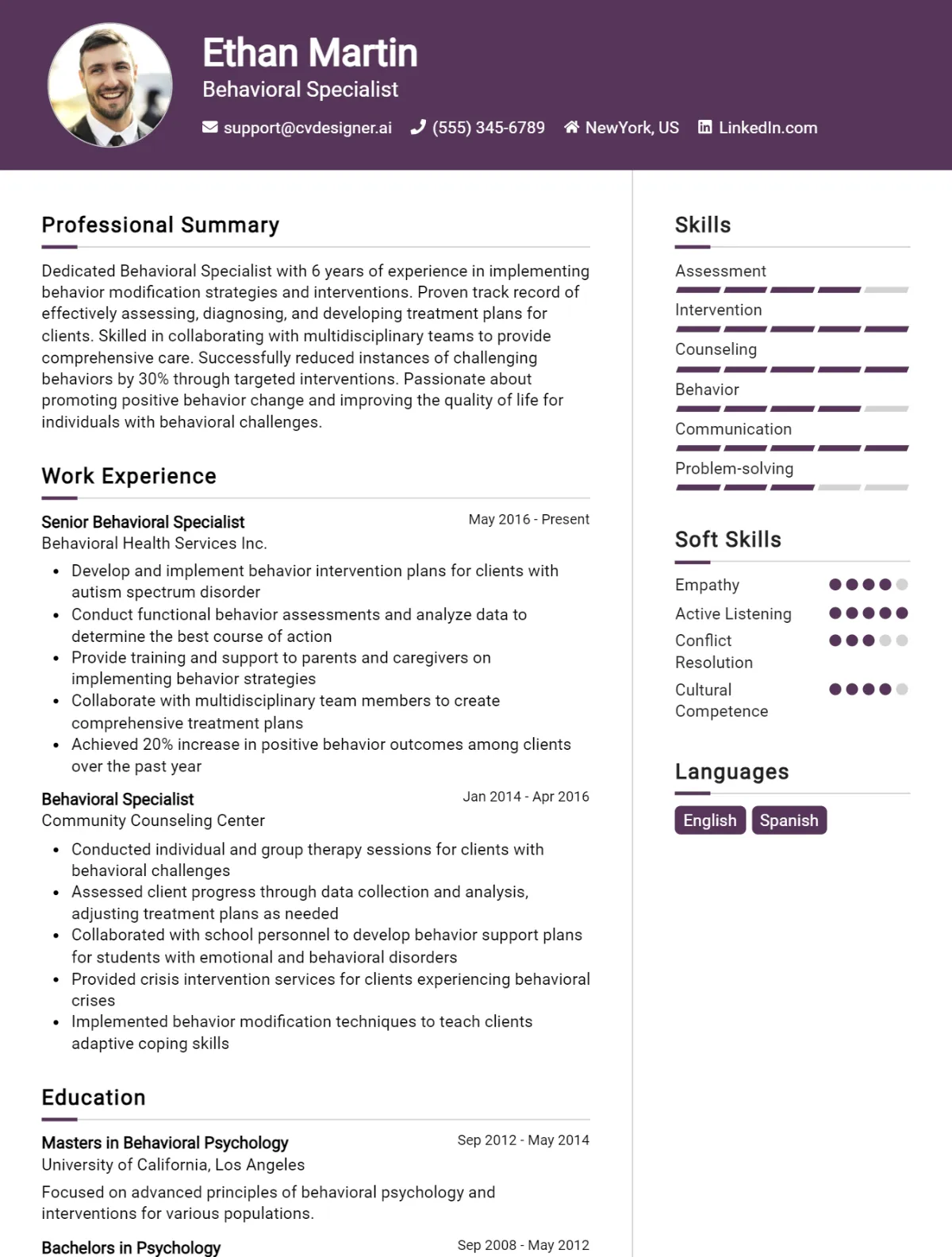 Behavioral Specialist CV Example