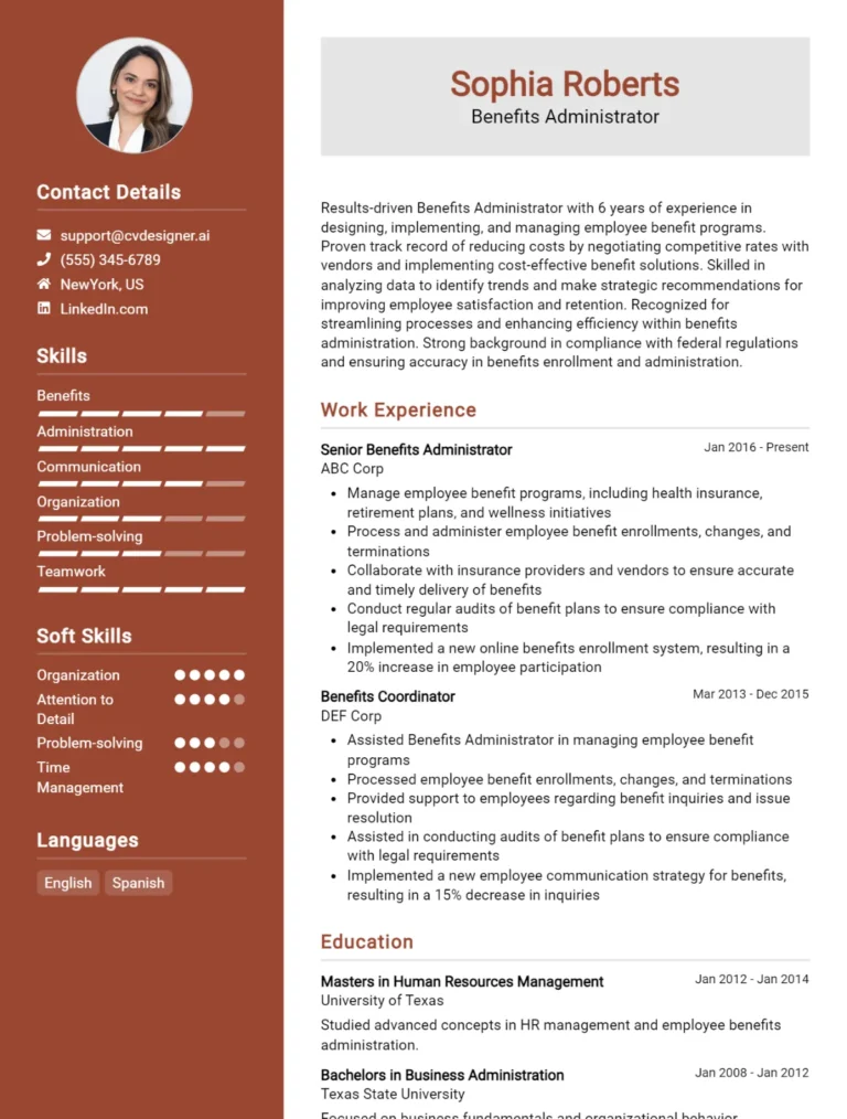 Benefits Administrator CV Example For 2025: Free Downloadable Templates
