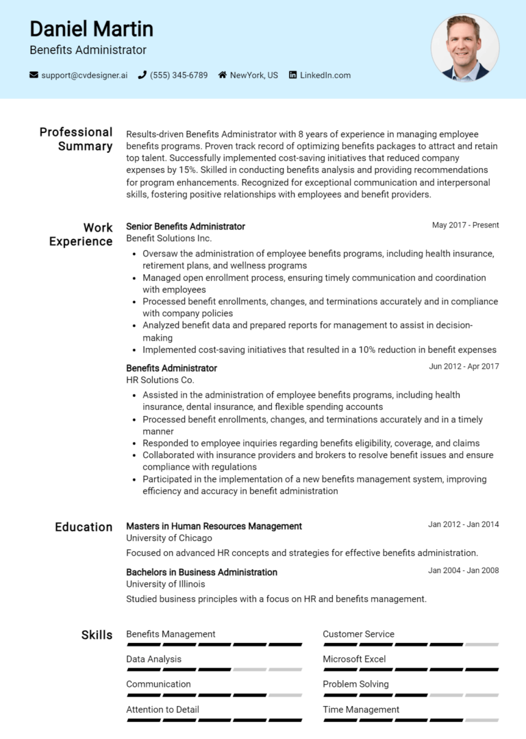 Benefits Administrator Resume Example for 2025: Best Writing Guide