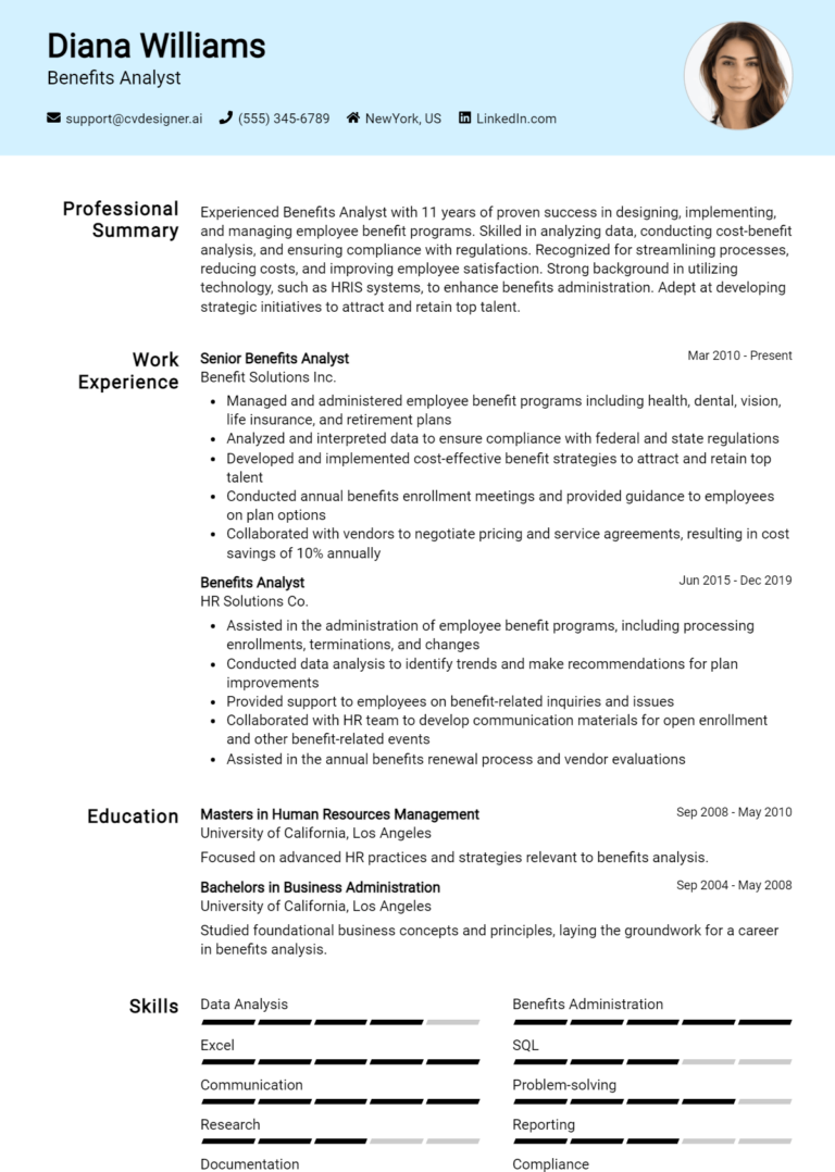 Benefits Analyst Resume Example for 2025: Best Tips & Templates