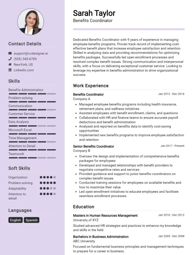 Benefits Coordinator CV Example For 2025: Free Professional Templates
