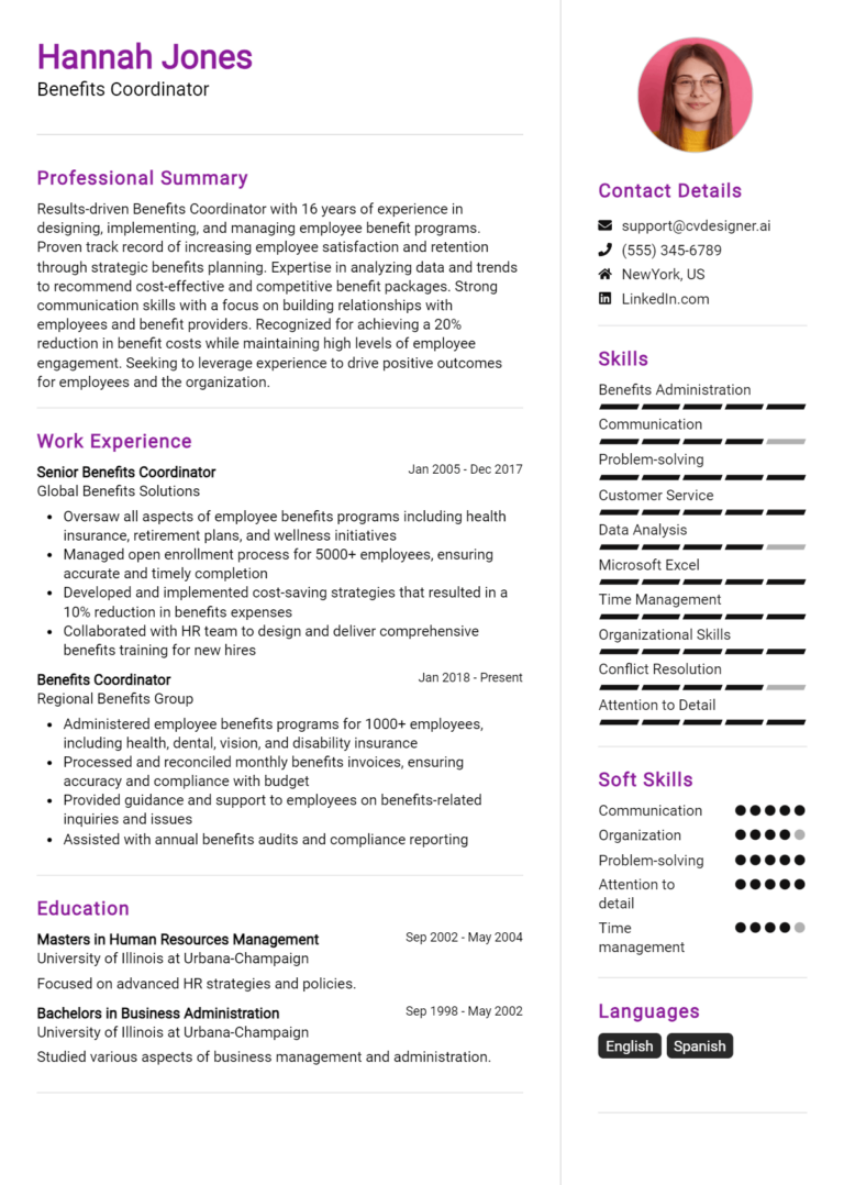 Benefits Coordinator Resume Example for 2025: How to Create a Professional CV