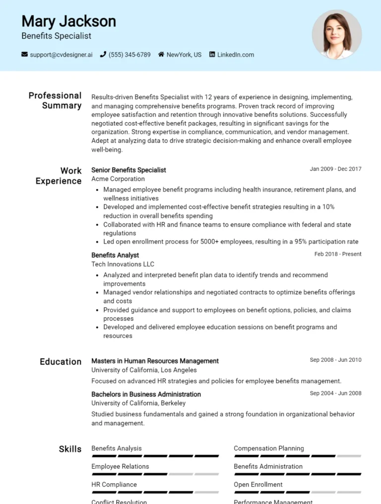 Benefits Specialist CV Example For 2025: Best Writing Guide