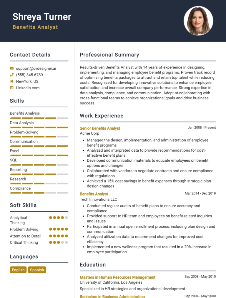 Benefits Analyst CV Example For 2025: Ultimate Guide