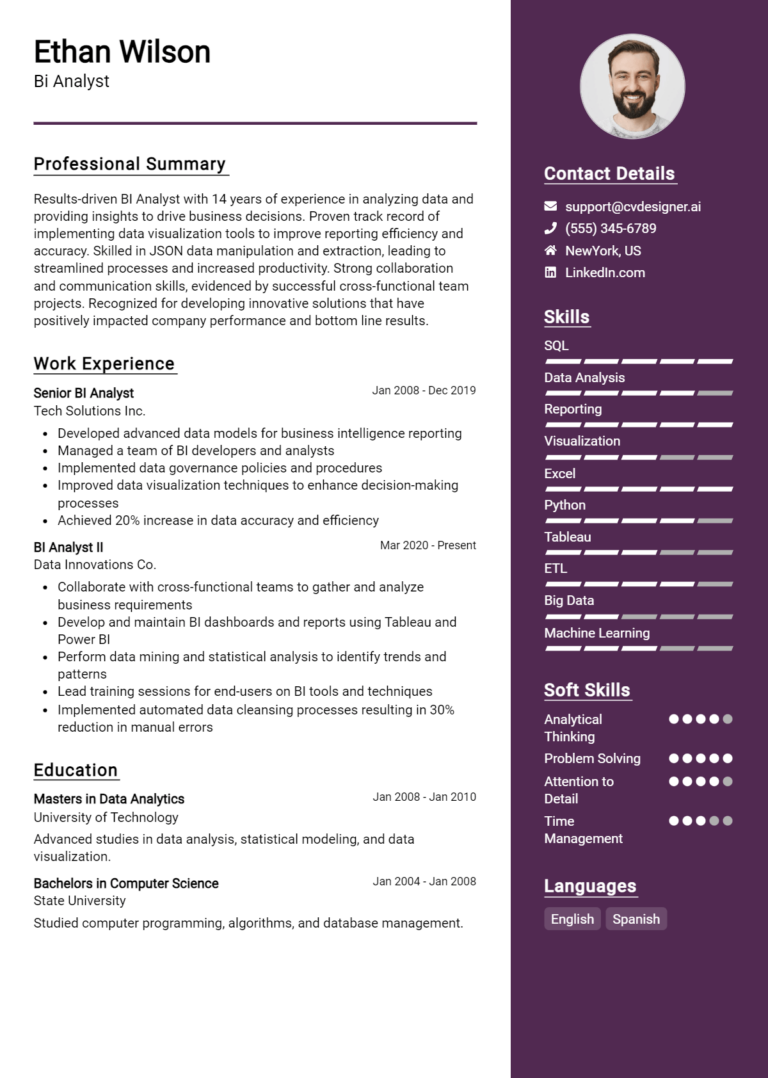 BI Analyst Resume Example for 2025: Top CV Skills