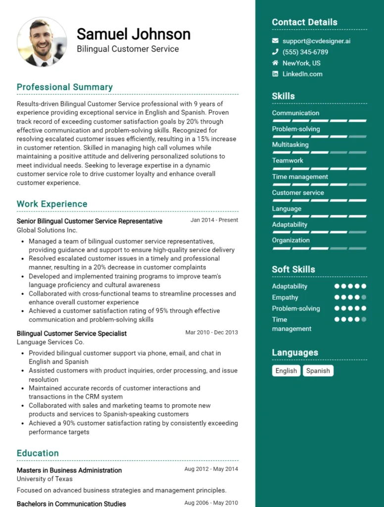 Bilingual Customer Service CV Example