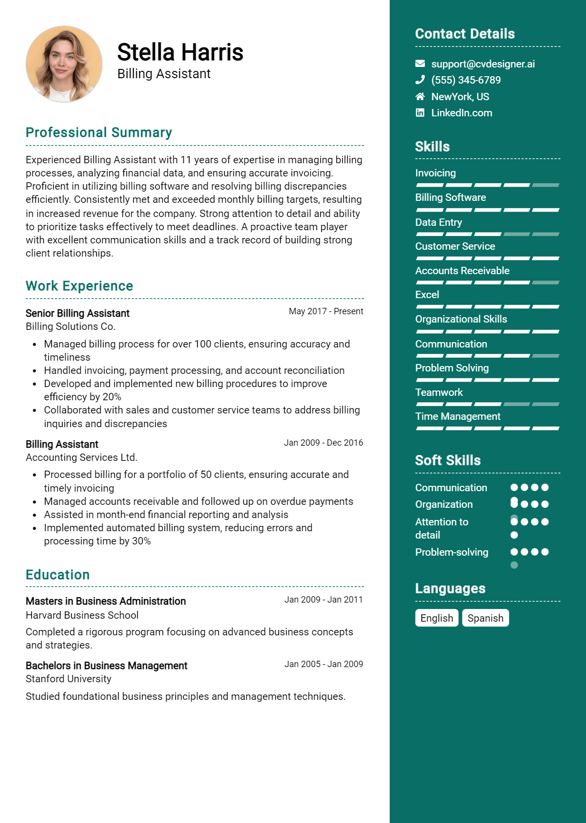 7 Billing Assistant Resume Examples And Templates for 2024 - CVDesigner.ai