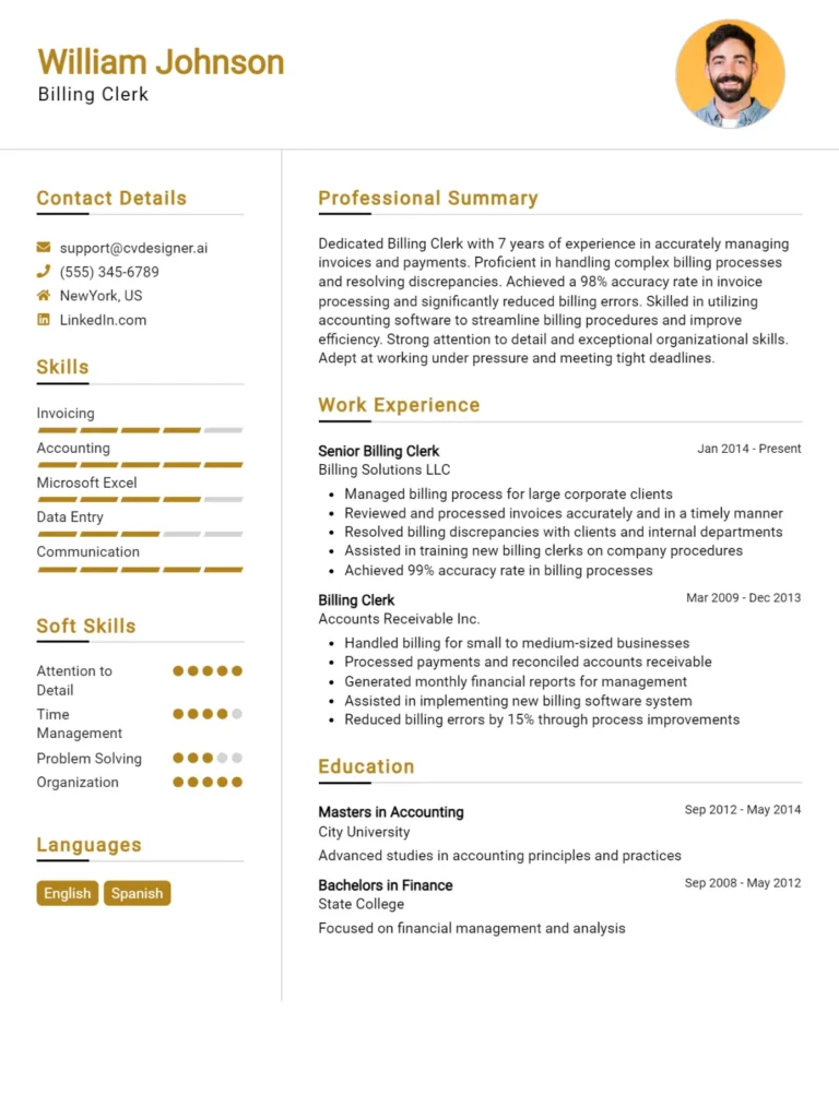 Billing Clerk CV Example For 2025: Ultimate Guide