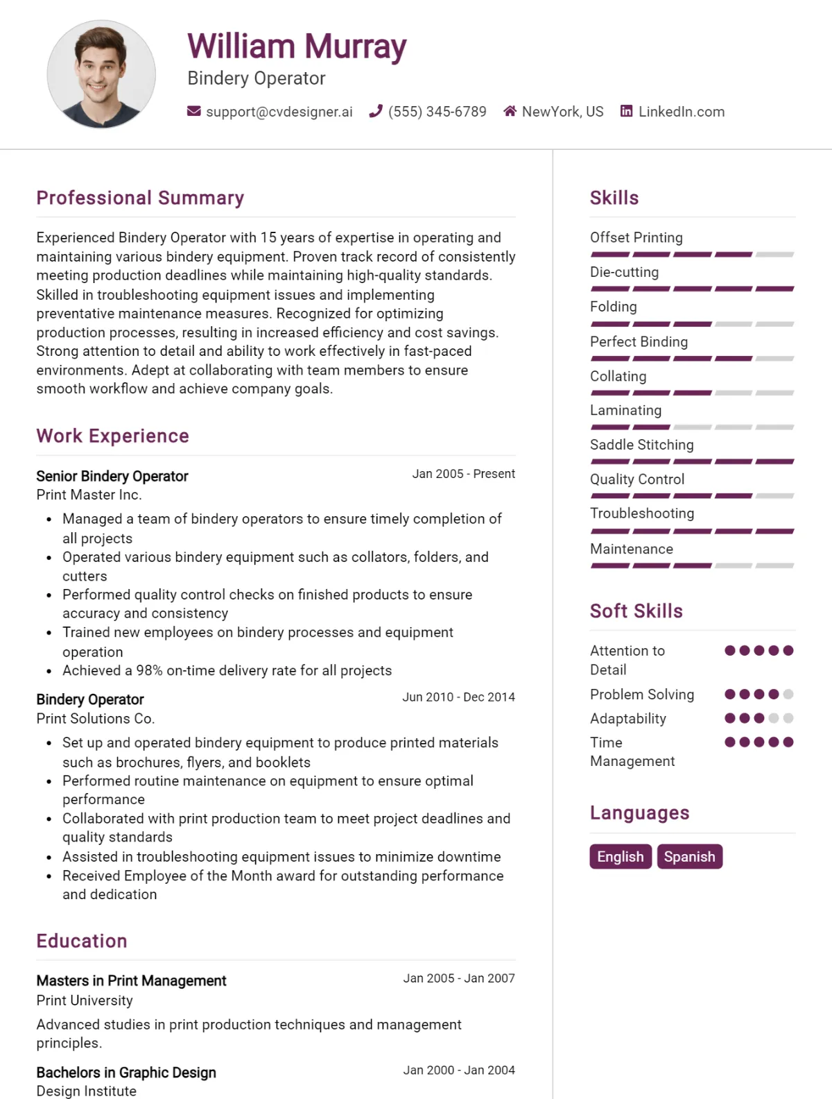 Bindery Operator CV Example