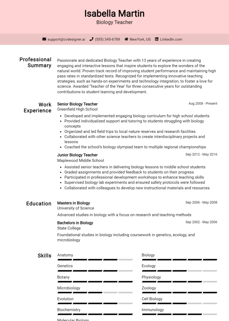 Biology Teacher Resume Example for 2025: Free Professional Templates