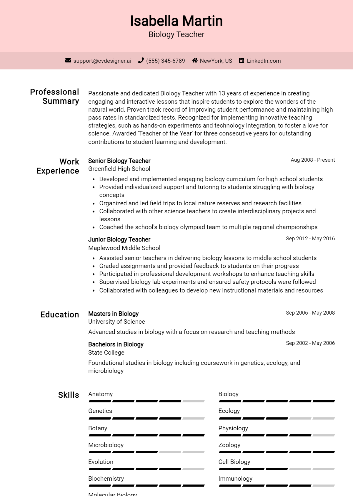 Biology Teacher Resume Example