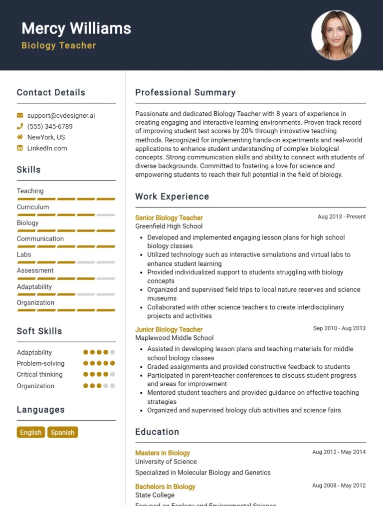 Biology Teacher CV Example For 2025: Top CV Skills