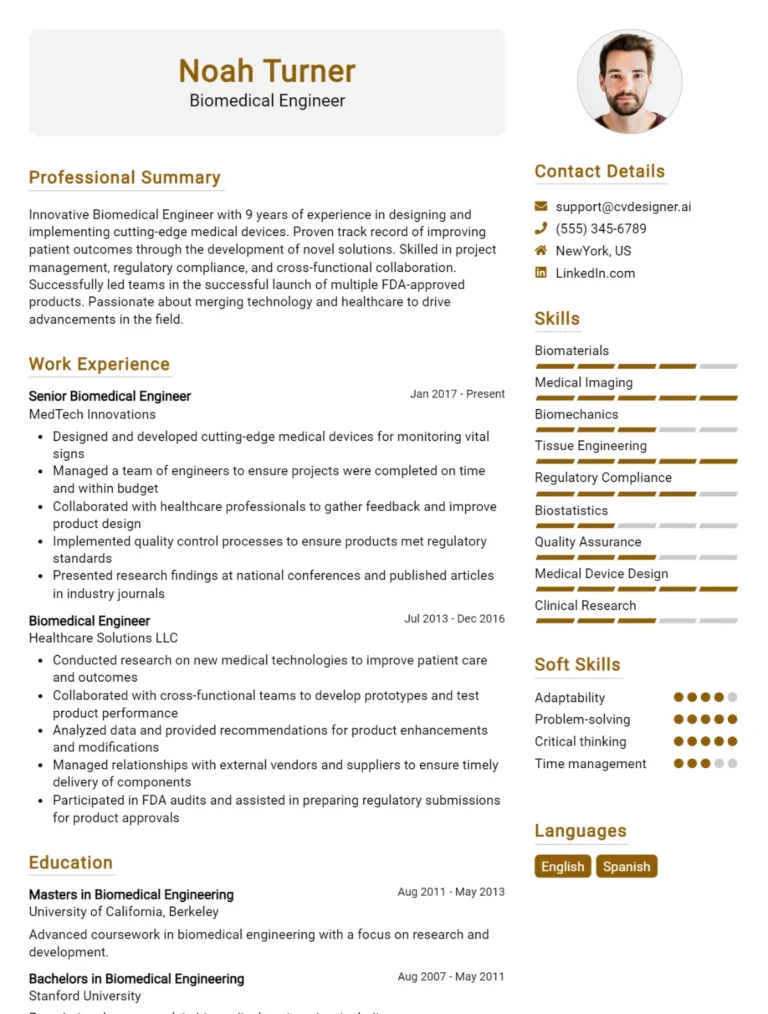 Biomedical Engineer CV Example For 2025: Strategies & Templates