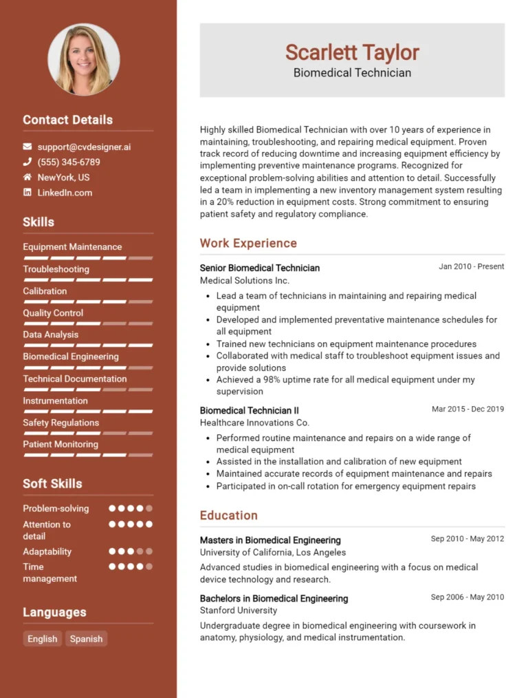 Biomedical Technician CV Example For 2025: Proven Tips & Templates