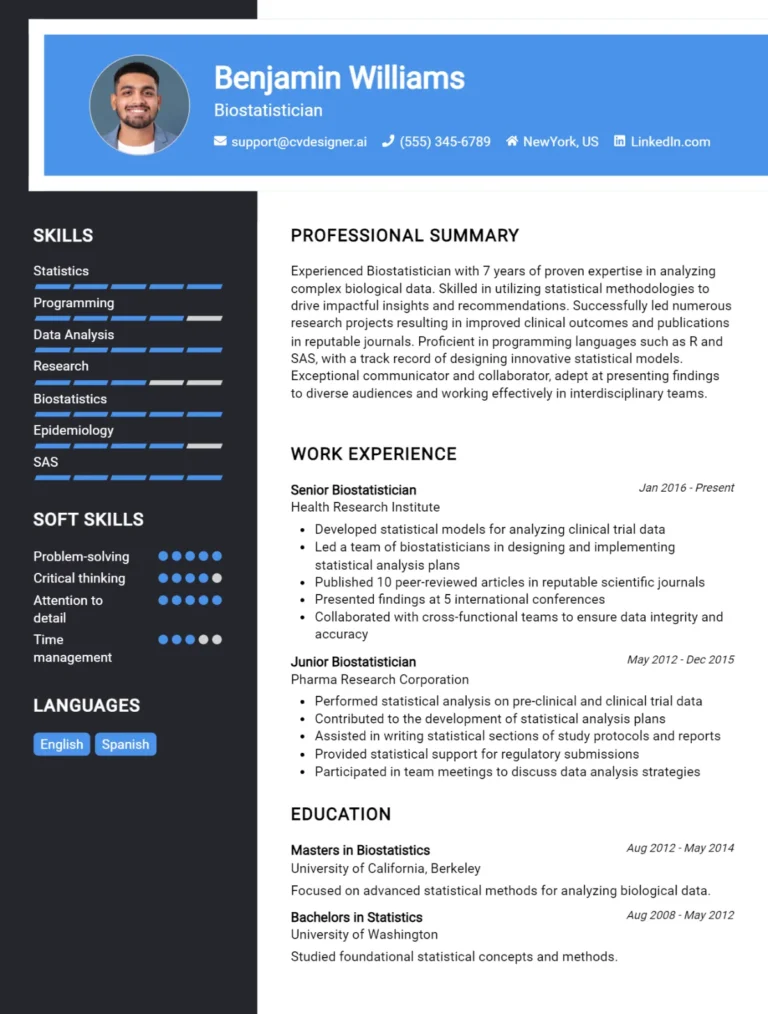 Biostatistician CV Example For 2025: Ultimate Guide