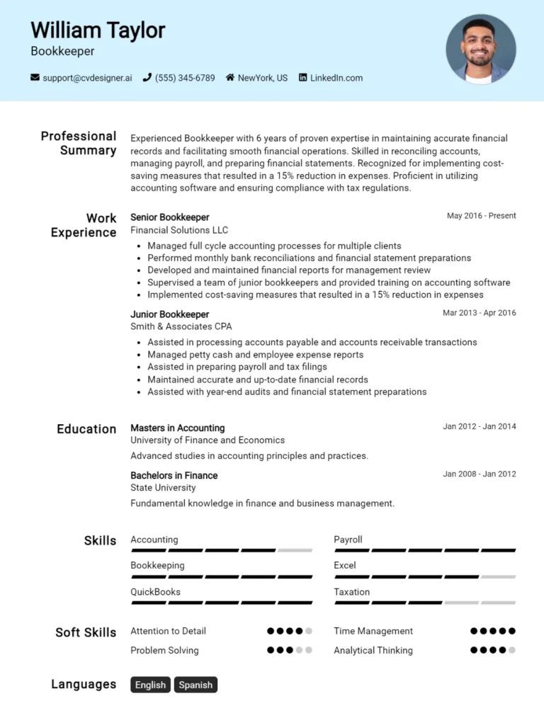 Bookkeeper CV Example For 2025: How to Create a Professional CV