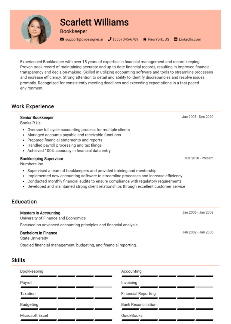 Bookkeeper Resume Example for 2025: Examples & Free Templates