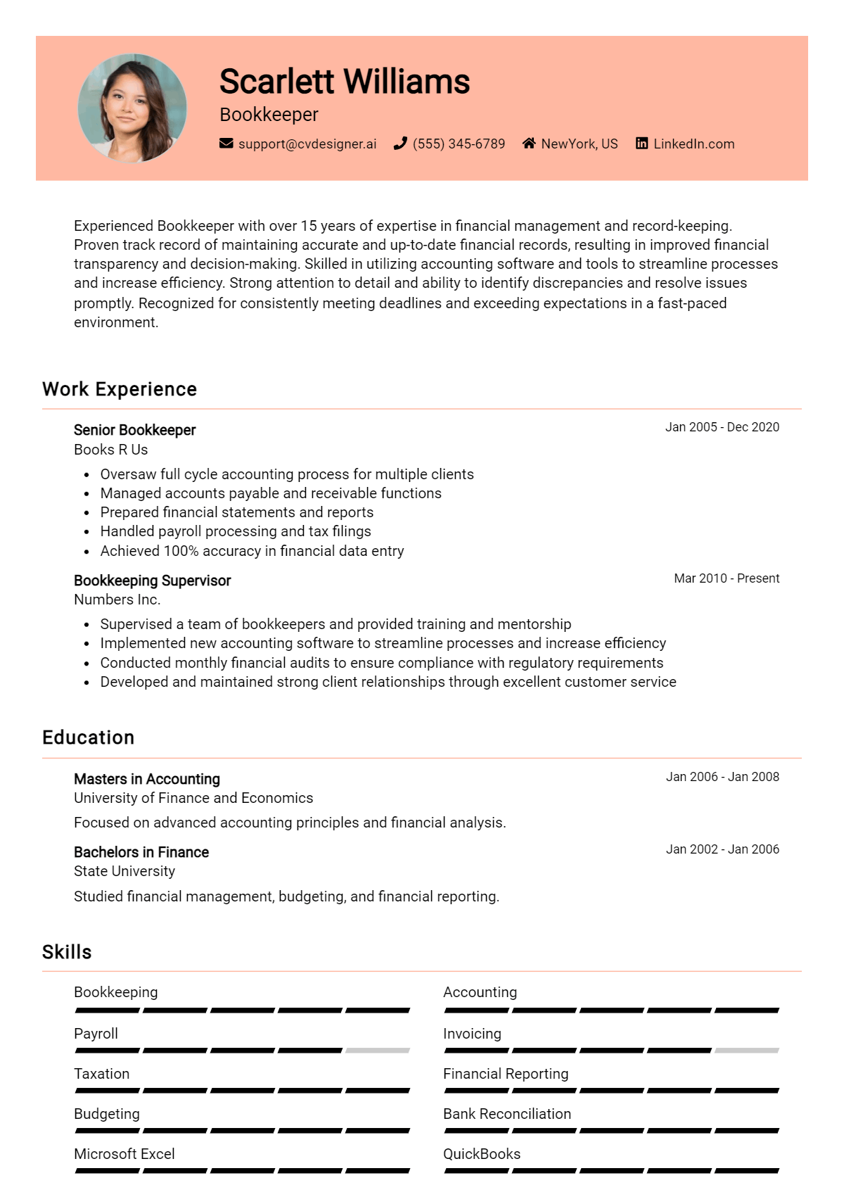 Bookkeeper Resume Example