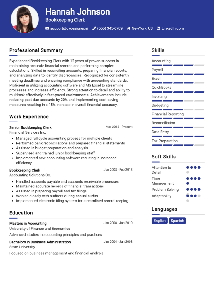 Bookkeeping Clerk Resume Example