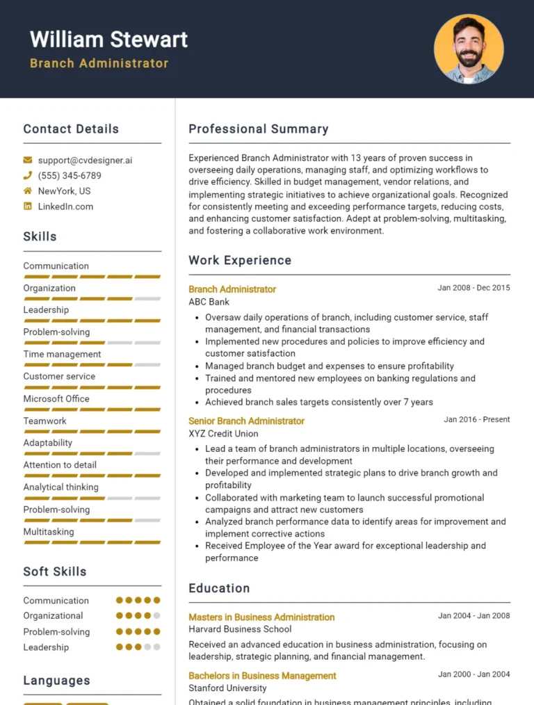 Branch Administrator CV Example For 2025: Professional CV Templates