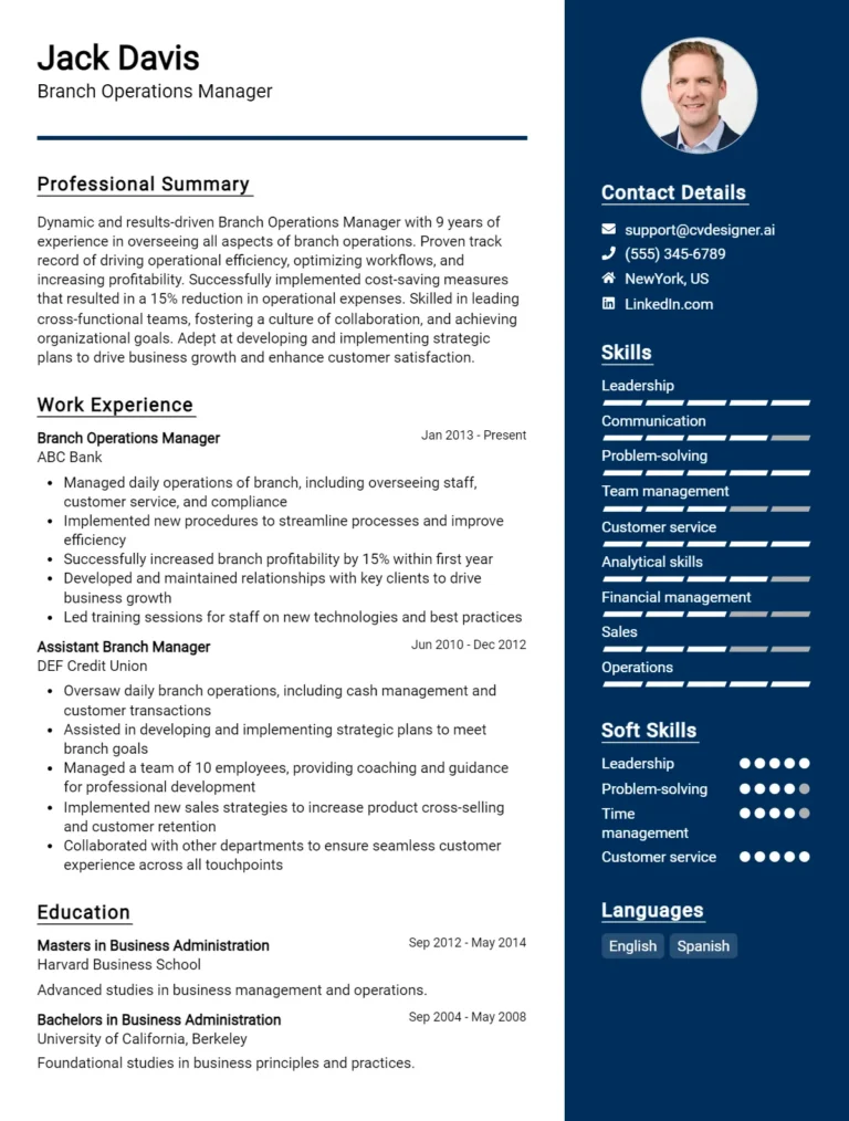 Branch Operations Manager CV Example For 2025: Tips to Stand Out