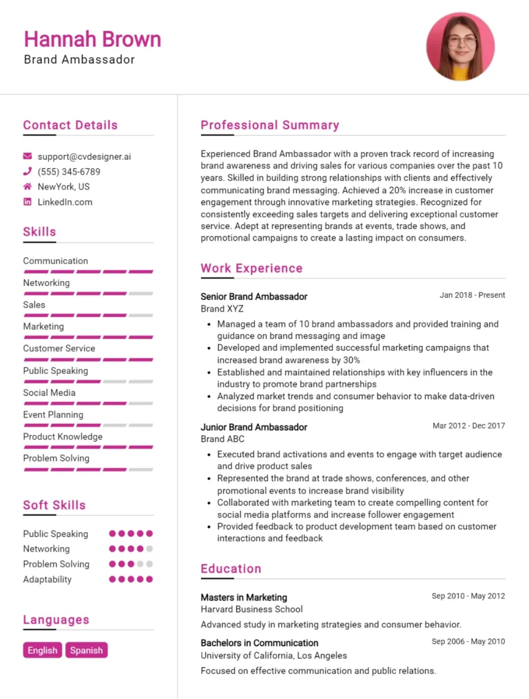 Brand Ambassador CV Example For 2025: Top Tips & Samples
