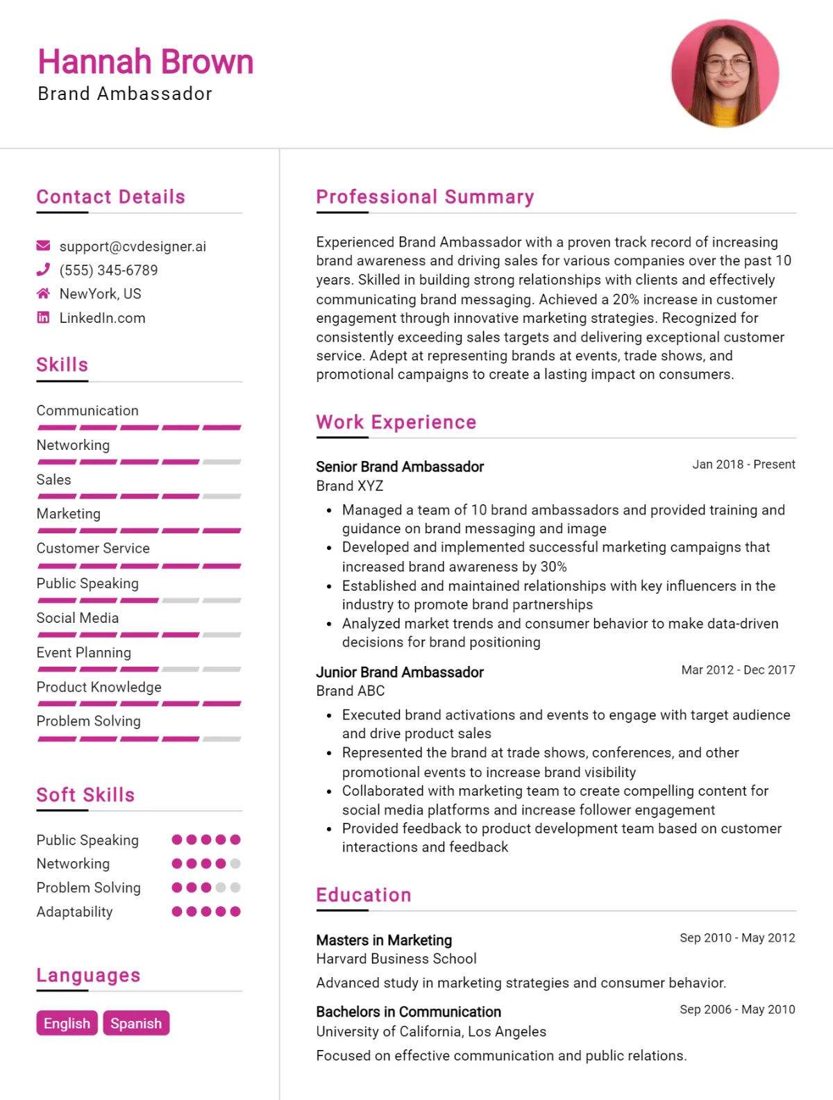 Brand Ambassador CV Example