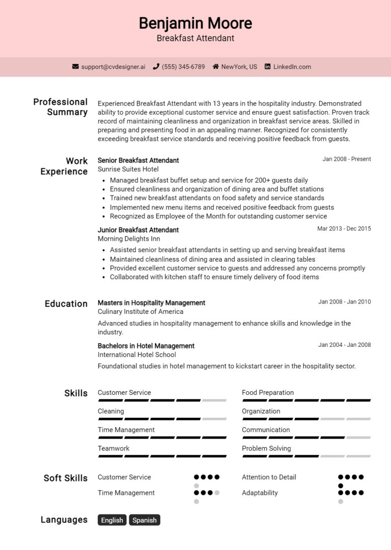 Breakfast Attendant Resume Example for 2025: How to Create a Professional CV