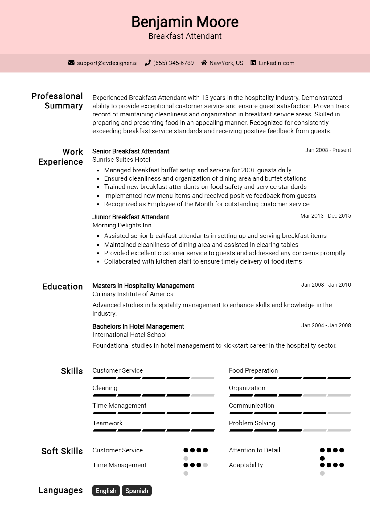 Breakfast Attendant Resume Example