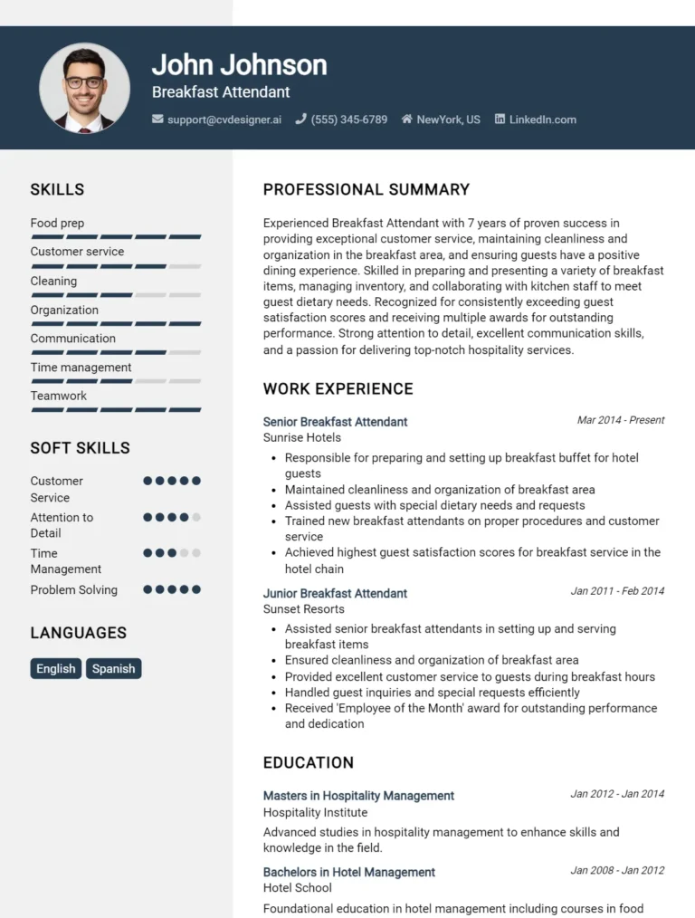 Breakfast Attendant CV Example For 2025: Proven Tips & Templates