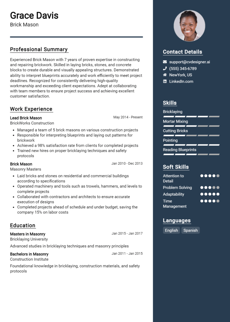 Brick Mason Resume Example for 2025: Examples & Free Templates