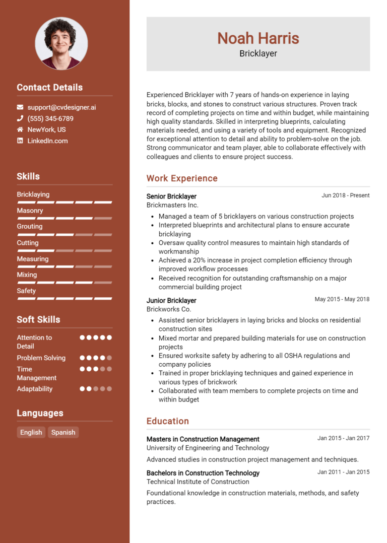 Bricklayer Resume Example for 2025: Best Formatting Tips