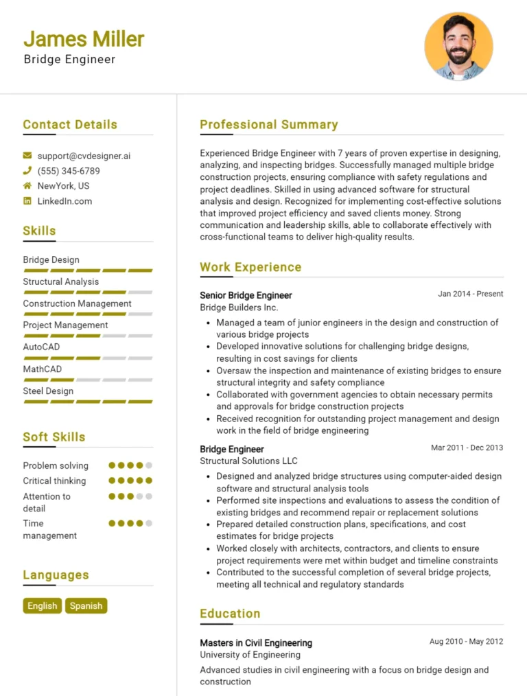 Bridge Engineer CV Example For 2025: Examples & Free Templates