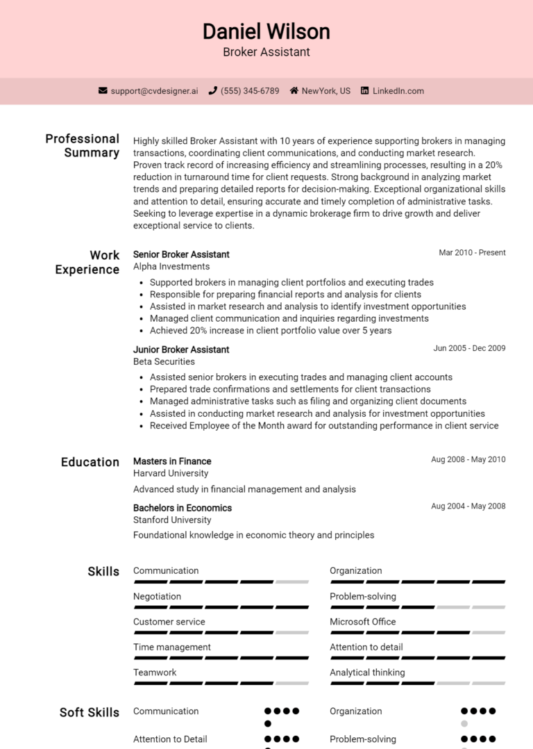 Broker Assistant Resume Example for 2025: Top CV Skills