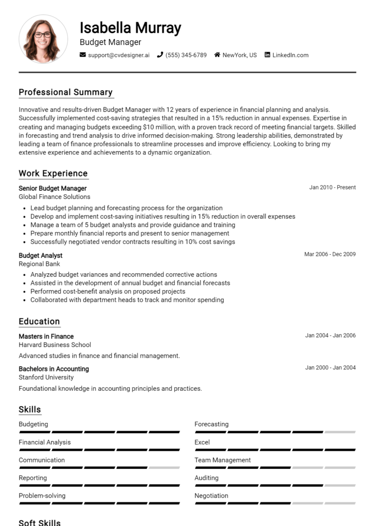 Budget Manager Resume Example for 2025: Professional CV Templates