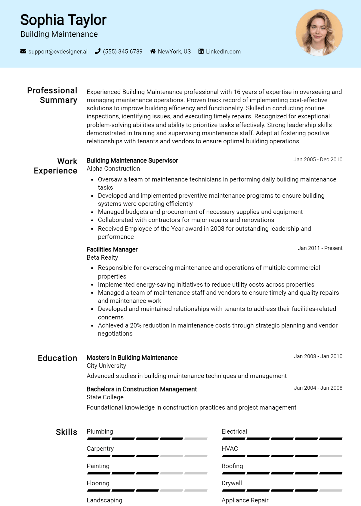 Building Maintenance Resume Example