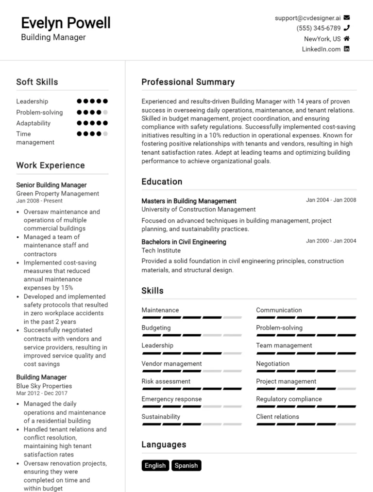 Building Manager CV Example For 2025: Proven Tips & Templates