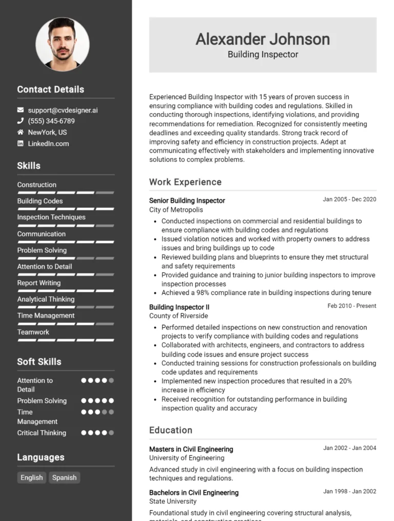 Building Inspector CV Example For 2025: Best Writing Guide