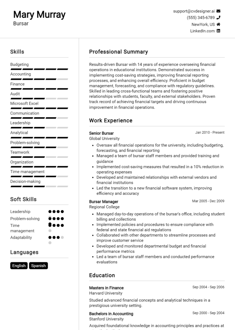 Bursar Resume Example for 2025: Samples & Best Practices