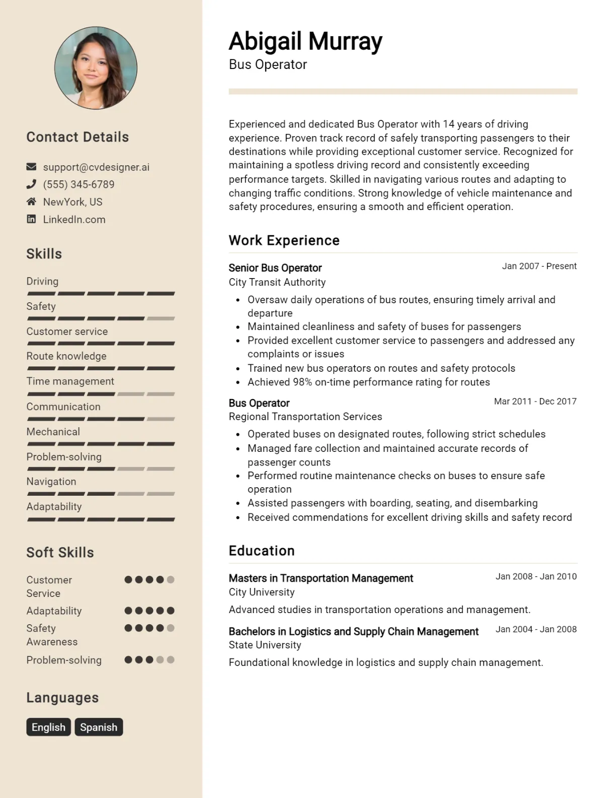 Bus Operator CV Example