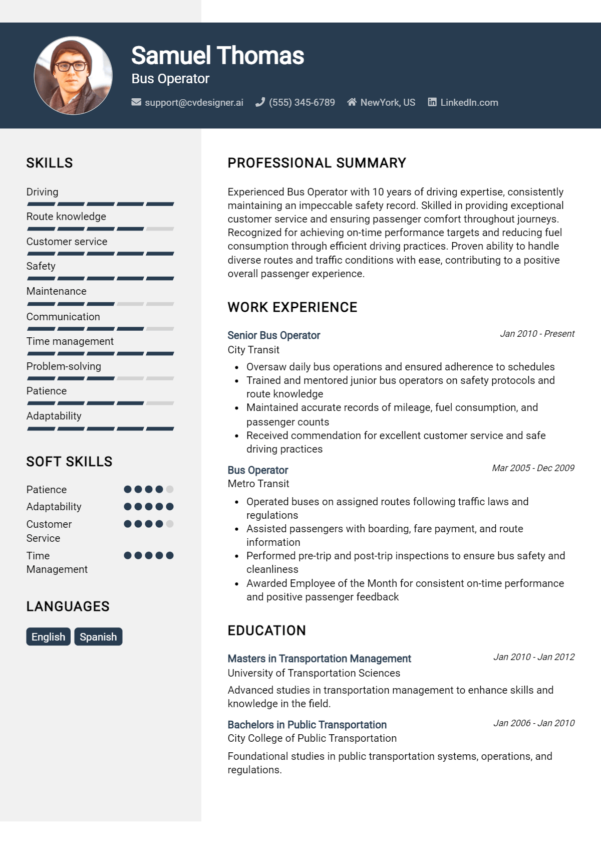 Bus Operator Resume Example