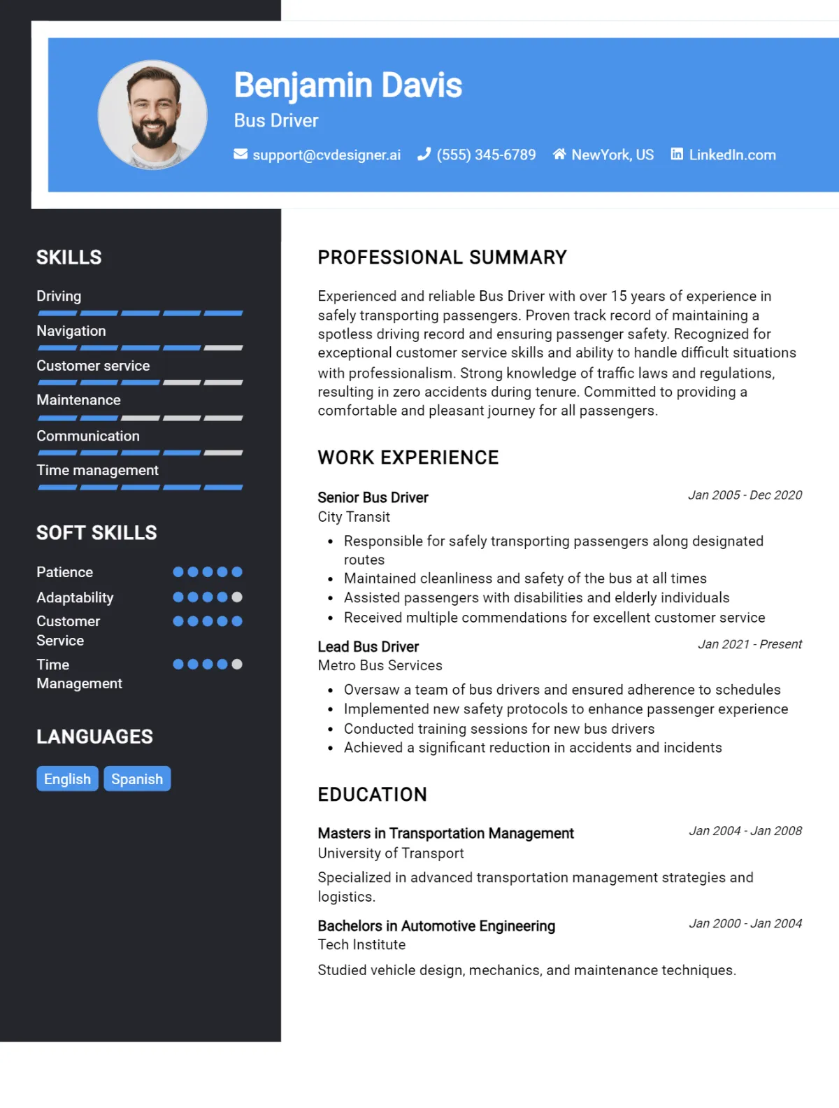 Bus Driver CV Example For 2024: Effective CV Writing Tips - CVDesigner.ai