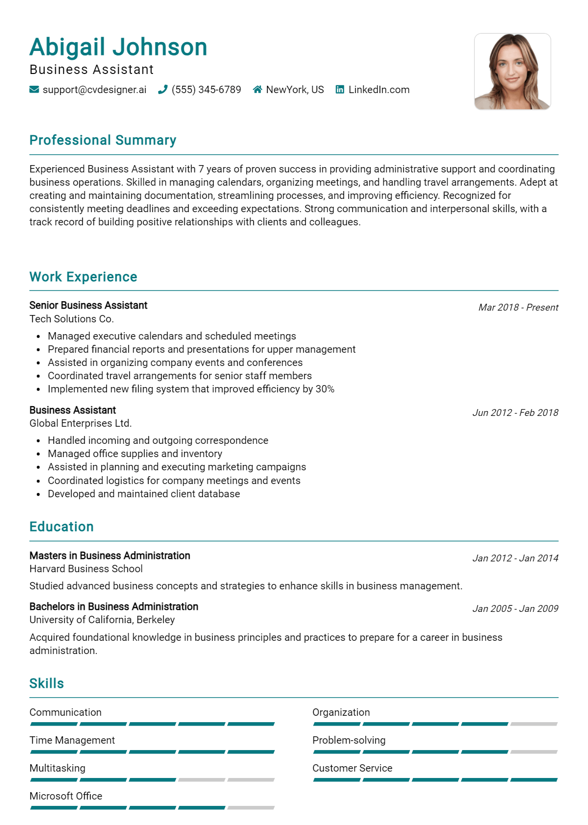 Business Assistant Resume Example