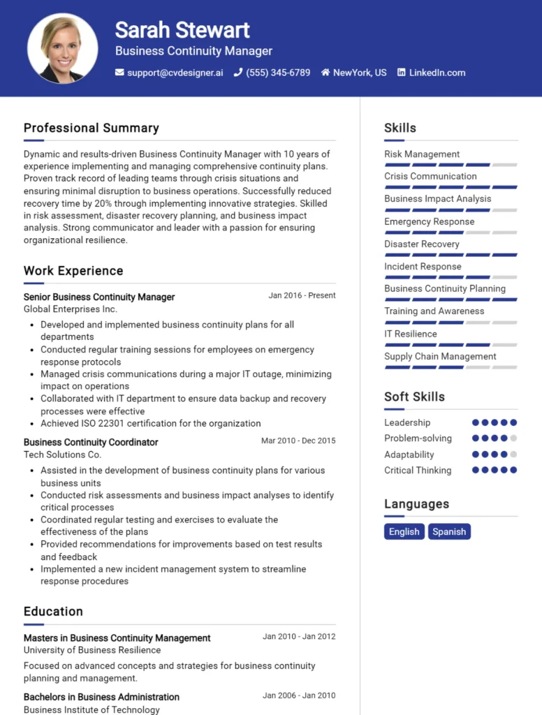 Business Continuity Manager CV Example