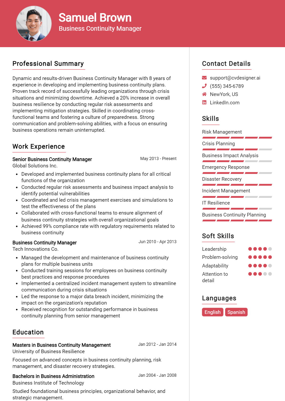 Business Continuity Manager Resume Example