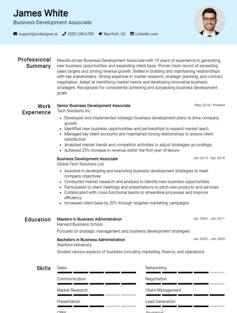 Business Development Associate CV Example For 2025: Free Professional Templates