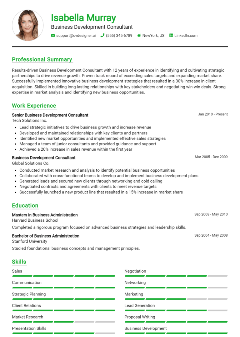 Business Development Consultant Resume Example for 2025: Top Templates
