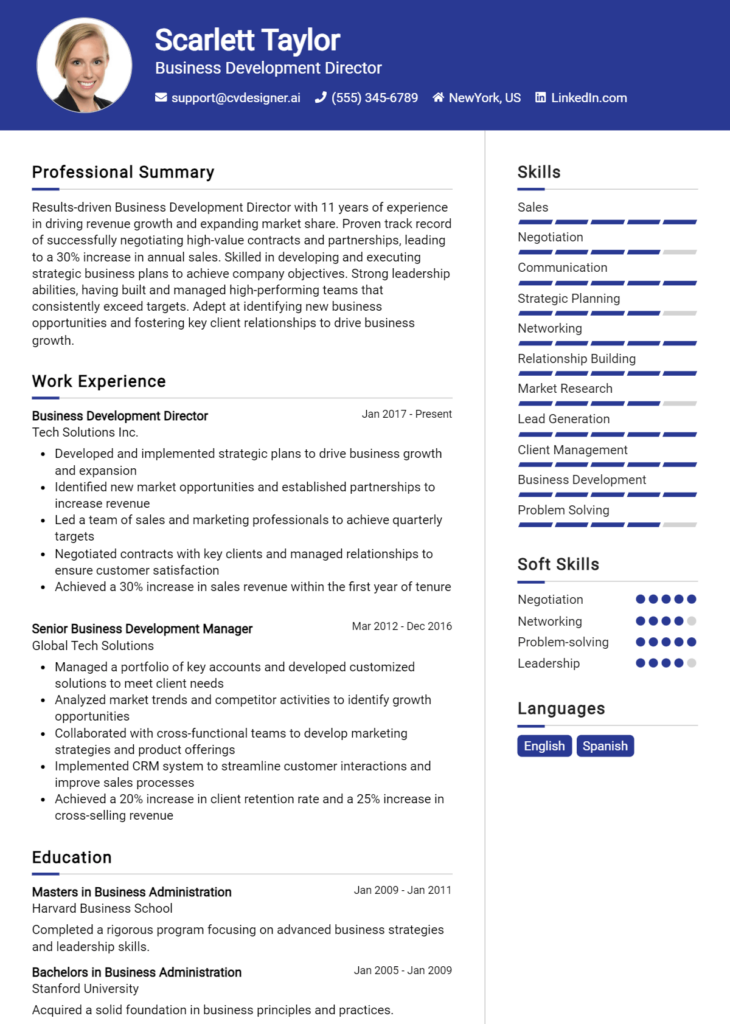 Business Development Director Resume Example
