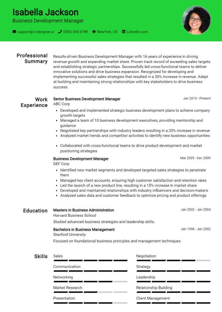 Business Development Manager Resume Example