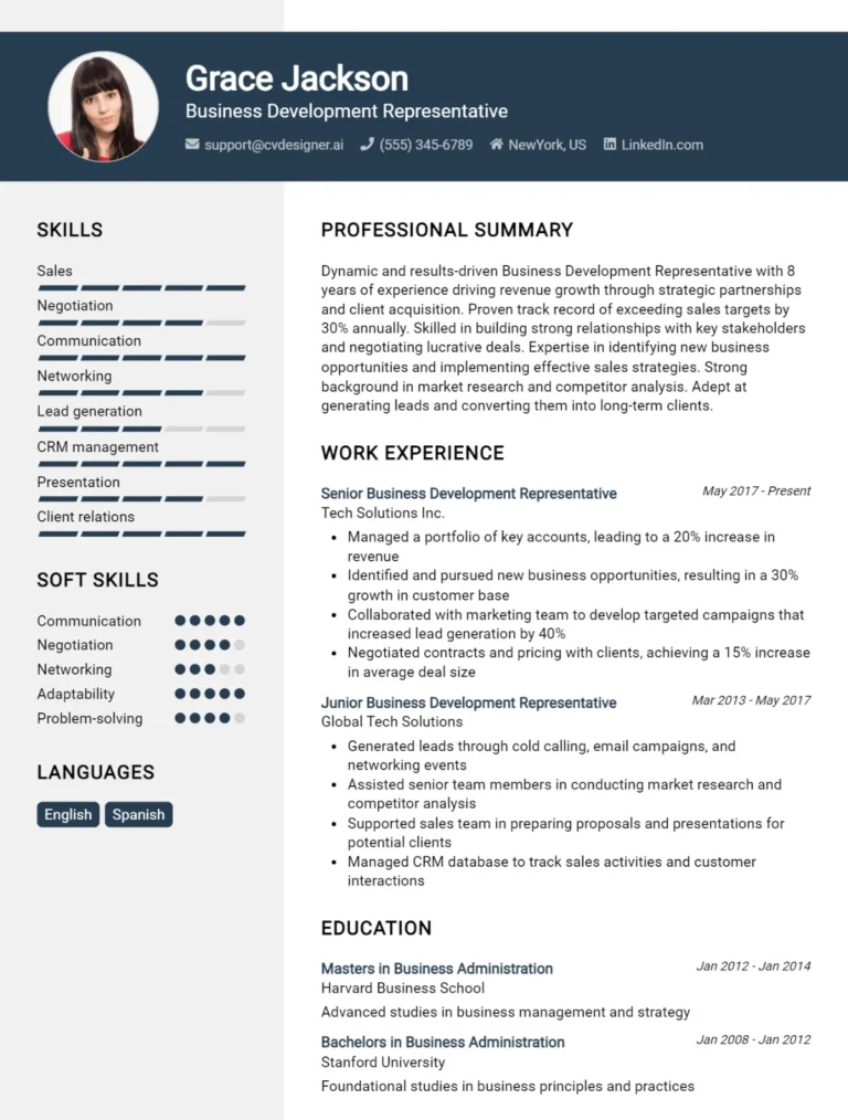 Business Development Representative CV Example For 2025: Best Tips & Templates